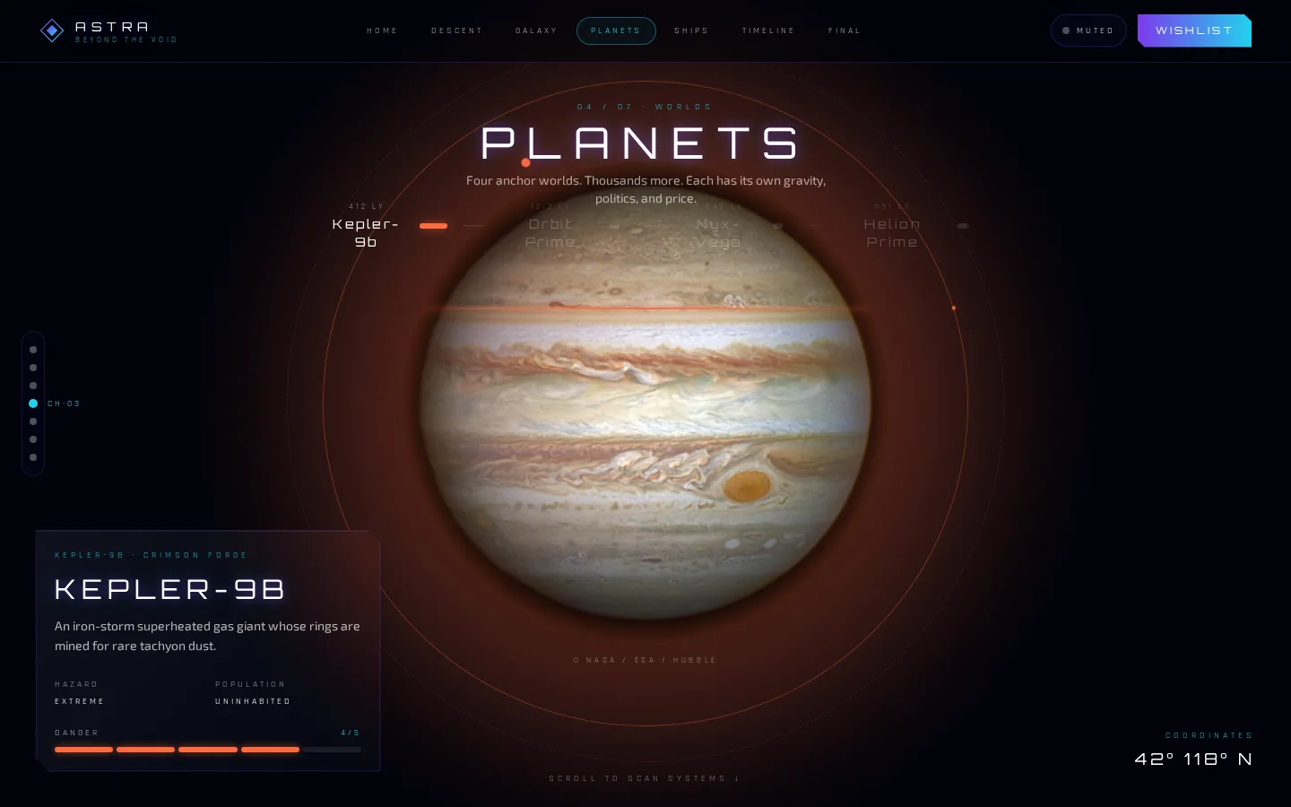 Astra — vista desktop de la sección planets