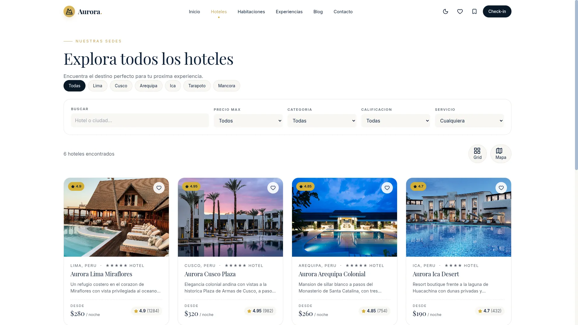 Aurora Hotels — vista en tablet