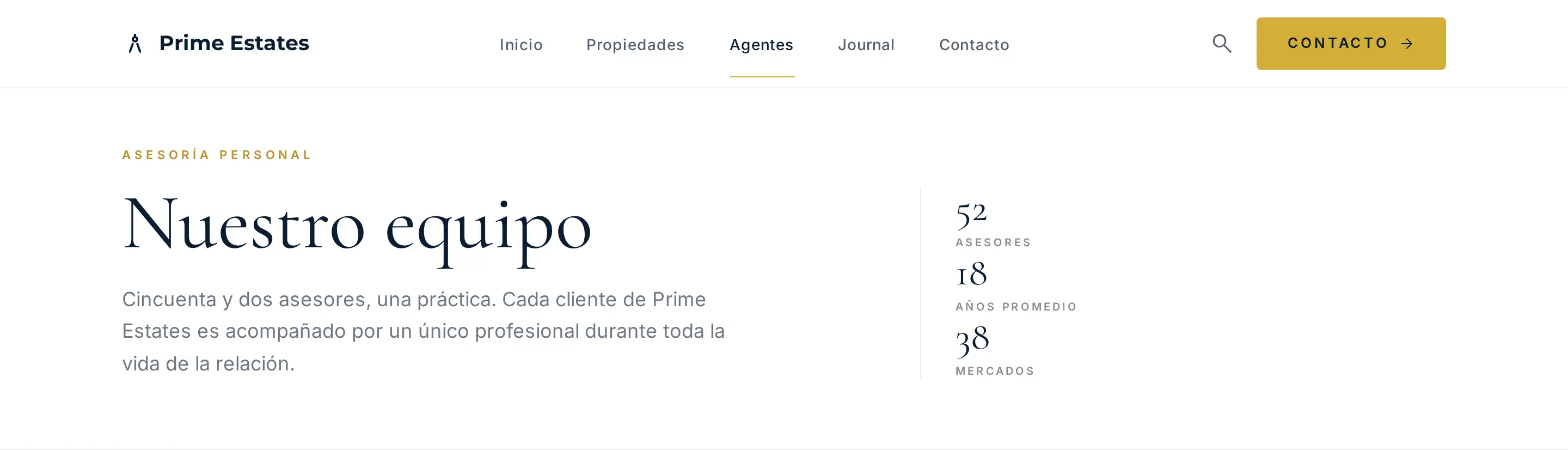 Prime Estates — vista desktop de la sección agentes hero