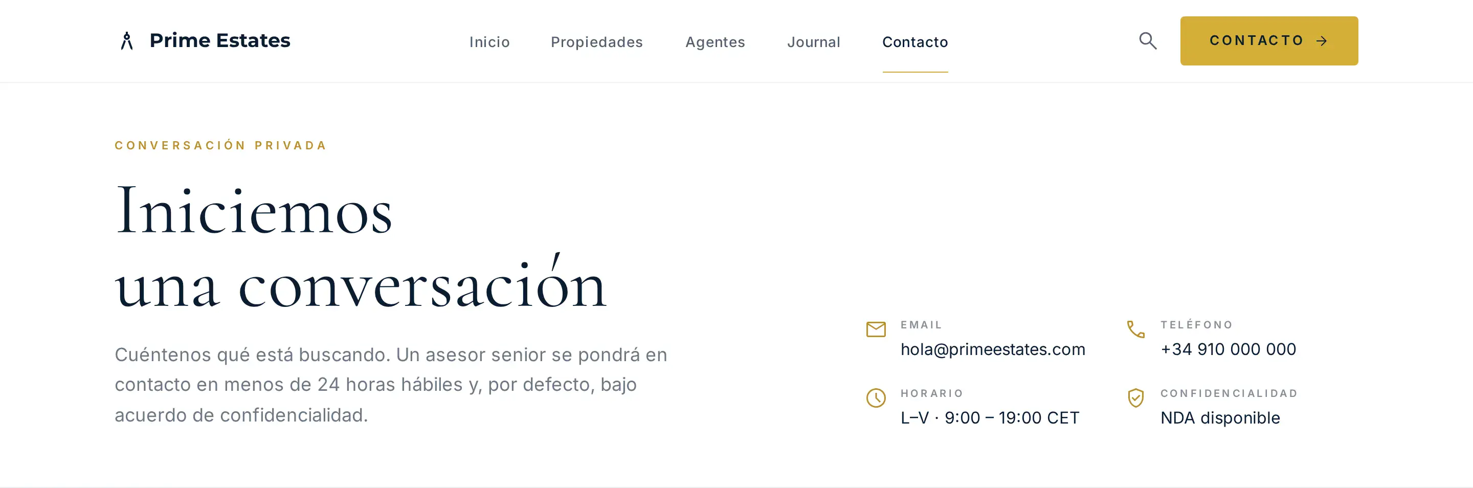 Prime Estates — vista desktop de la sección contacto hero