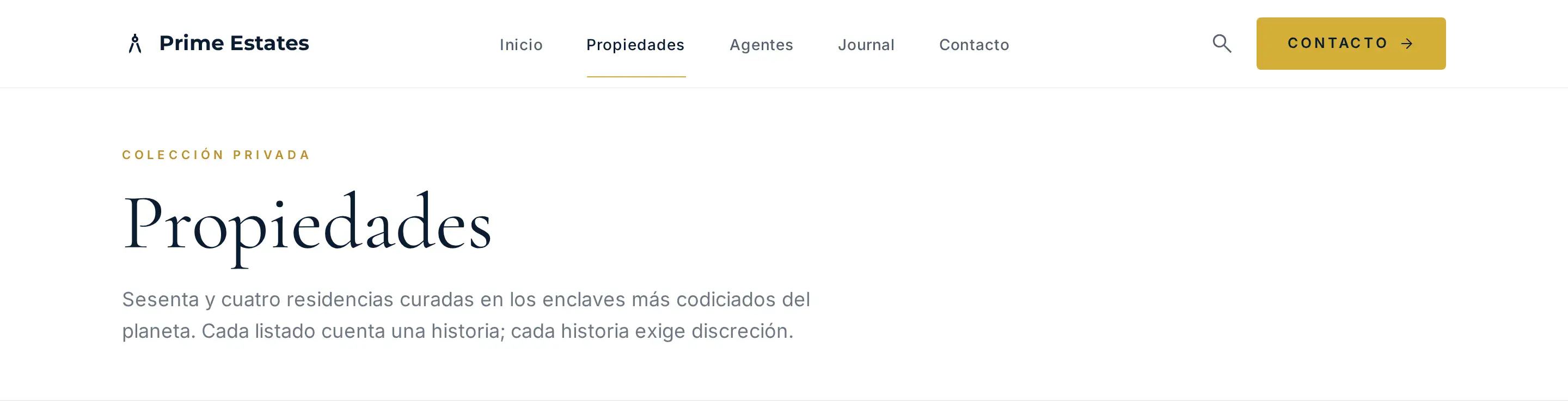 Prime Estates — vista desktop de la sección propiedades hero
