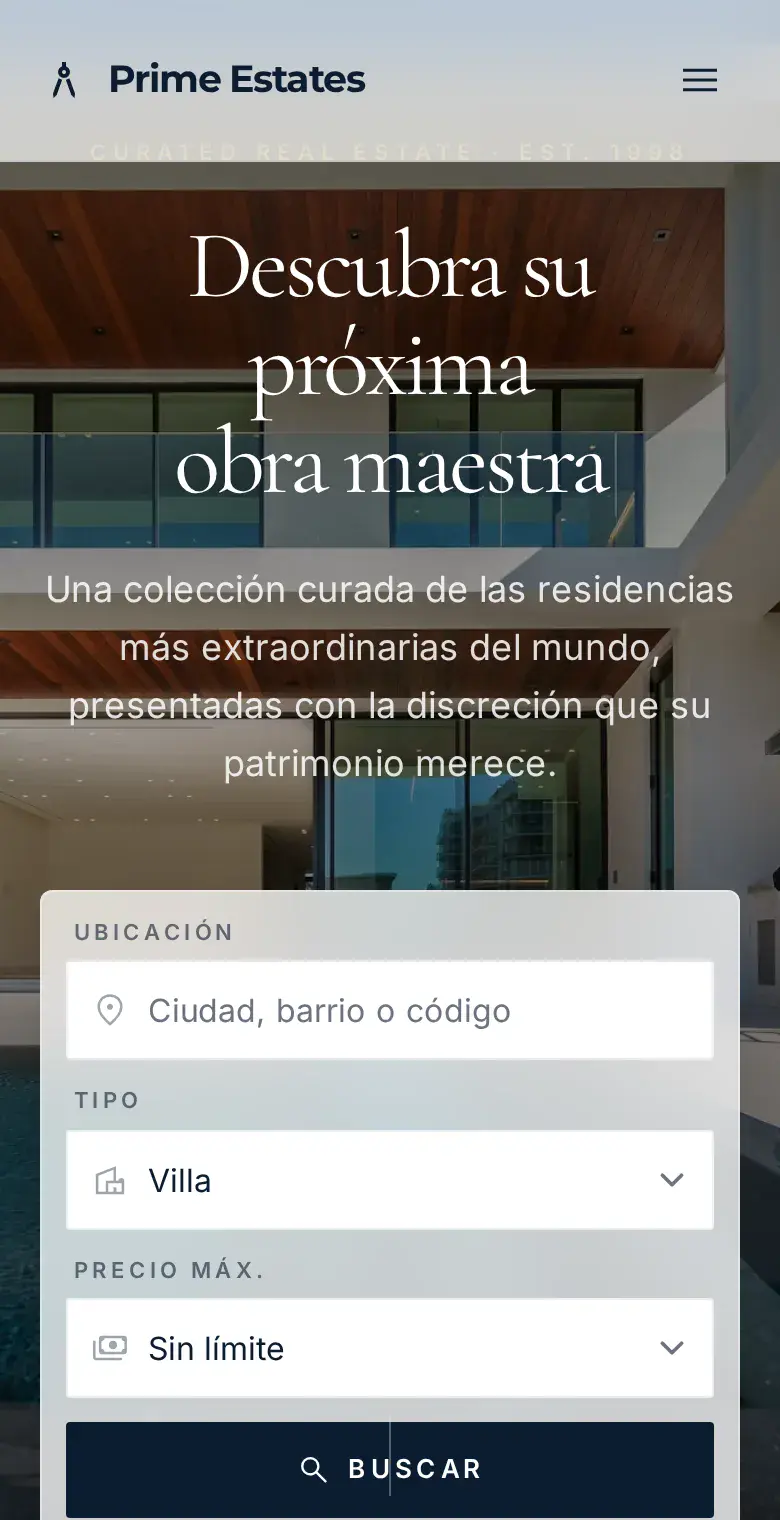 Prime Estates — vista en móvil