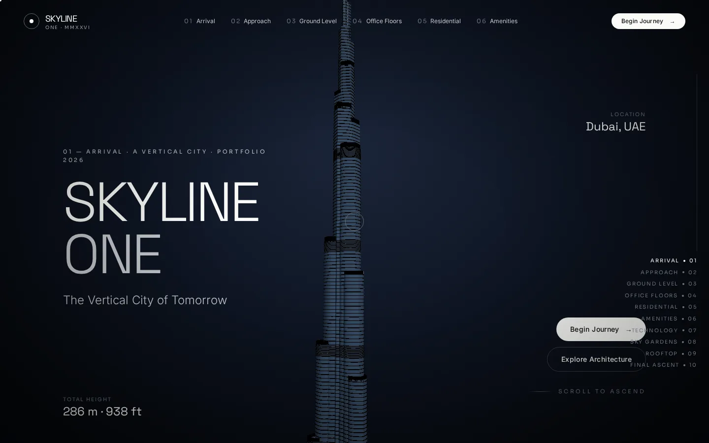 Skyline — vista desktop de la sección arrival