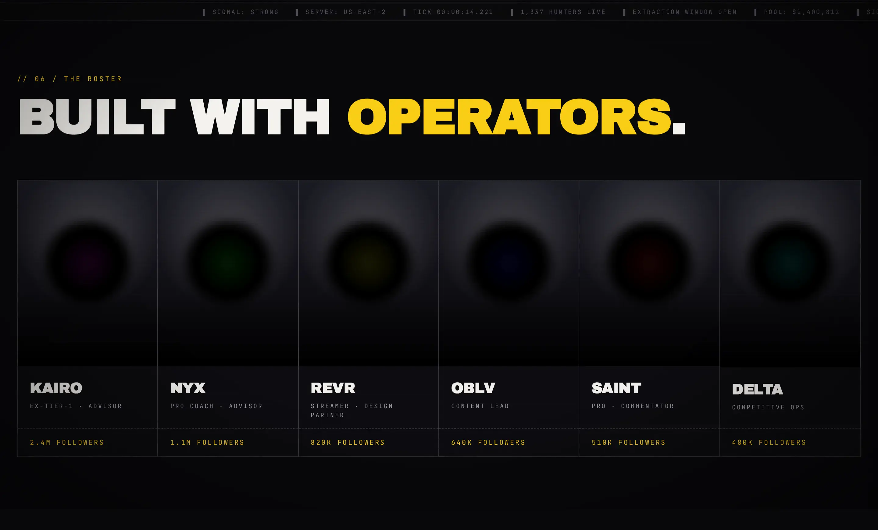 Void Hunt — vista desktop de la sección roster