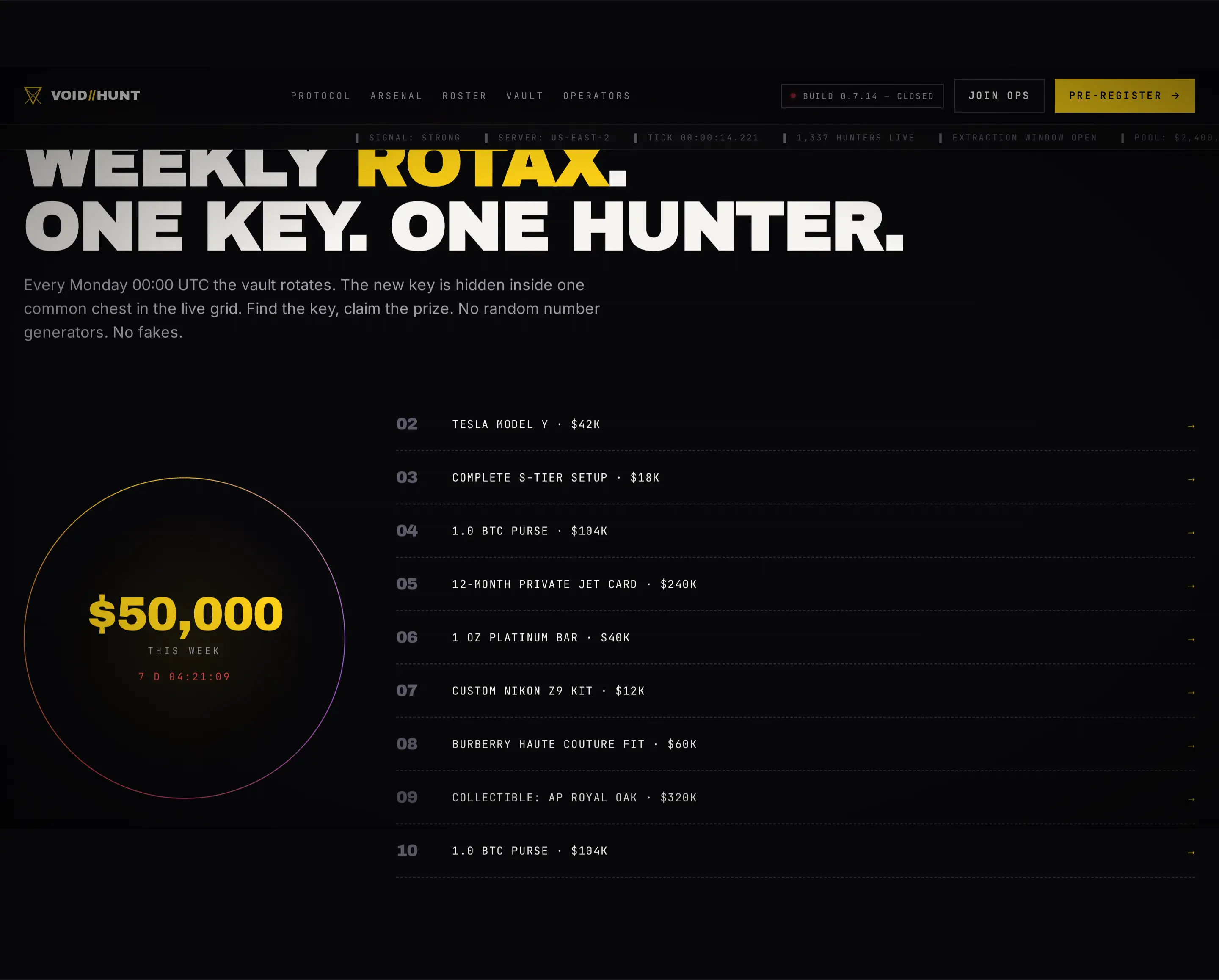 Void Hunt — vista desktop de la sección vault